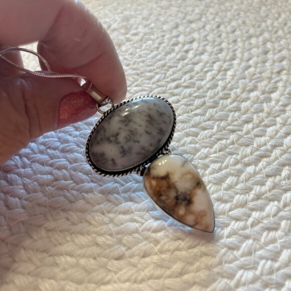Stunning DENDRITIC OPAL & FOSSIL CORAL Handmade Sterling 925 Pendant/Chain #958D - Picture 3 of 3